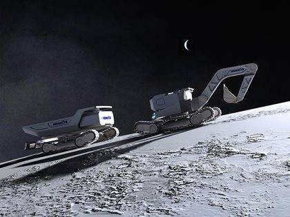 Komatsu lunar machines operating on the moon's surface with Earth's crescent visible in the dark sky above.