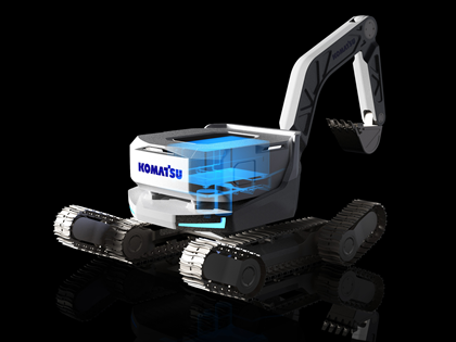 3D rendering of a Komatsu vehicle on a glossy black surface.