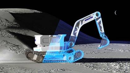 A digital illustration of a Komatsu lunar excavator on a moon-like surface.
