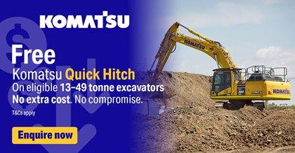 Promotional image featuring a Komatsu excavator on a dirt site with text offering a free Komatsu Quick Hitch on eligible 13-49 tonne excavators, with text enquire now.