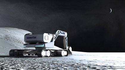 Komatsu lunar excavator operating on a moon-like surface under a dark sky with a visible crescent moon.