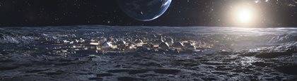 An artistic depiction of a futuristic lunar base on the moon's surface, illuminated at night with a large Earth visible in the sky and the sun rising behind it.