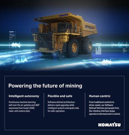 Promotional image for Komatsu featuring a large mining truck on a futuristic blue background.