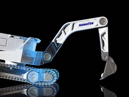 3D render of a Komatsu excavator arm with highlighted technology features, displayed on a reflective black surface.